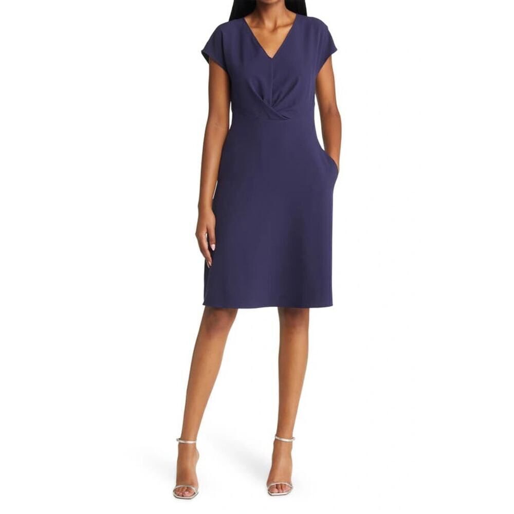 Tahari ASL Twist Front Fit & Flare Dress Women's 2 Navy Blue V-Neck Cap Sleeves